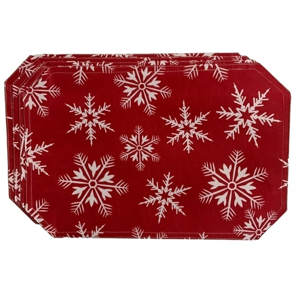 Placemats Fabric Reversible Linen Print Holiday Christmas Snowflake Red White